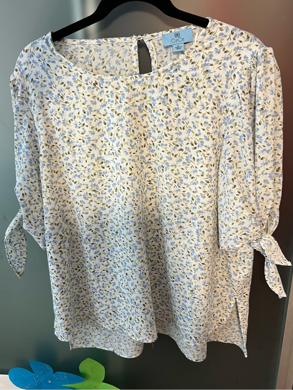 CeCe Cream Floral Tie-Sleeve Top with Blue and Olive Sprigs